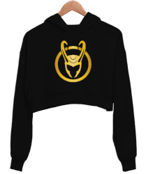 Loki Horned Helmet Baskılı Siyah Kadın Crop Hoodie Kapüşonlu Sweatshirt