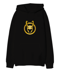 Loki Horned Helmet Baskılı Siyah Oversize Unisex Kapüşonlu Sweatshirt