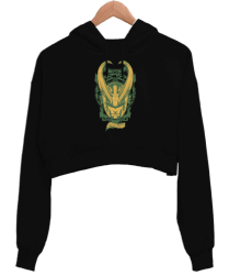 Loki Norse Baskılı Siyah Kadın Crop Hoodie Kapüşonlu Sweatshirt