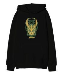 Loki Norse Baskılı Siyah Oversize Unisex Kapüşonlu Sweatshirt