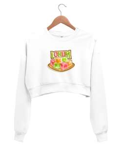 Lokum baskılı Beyaz Kadın Crop Sweatshirt