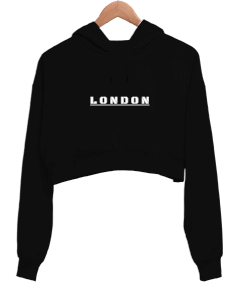 London Baskılı-Q4 Kadın Crop Hoodie Kapüşonlu Sweatshirt