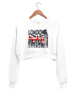 Londra - London - Beyaz Kadın Crop Sweatshirt