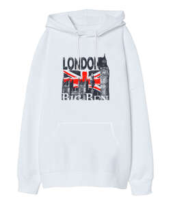 Londra - London - Beyaz Oversize Unisex Kapüşonlu Sweatshirt