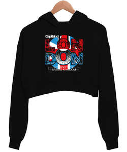 Londra - London - Siyah Kadın Crop Hoodie Kapüşonlu Sweatshirt