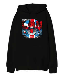 Londra - London - Siyah Oversize Unisex Kapüşonlu Sweatshirt