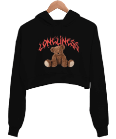 Loneliness Bear Tasarım Baskılı Kadın Crop Hoodie Kapüşonlu Sweatshirt