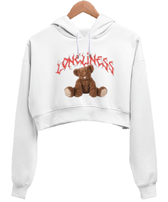 Loneliness Bear Tasarım Baskılı Kadın Crop Hoodie Kapüşonlu Sweatshirt