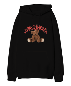 Loneliness Bear Tasarım Baskılı Oversize Unisex Kapüşonlu Sweatshirt