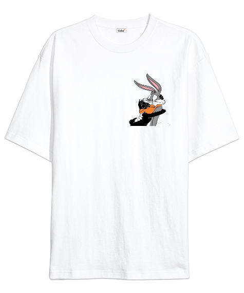 Tisho - Looney Tunes Bugs Bunny and Daffy Duck Beyaz Oversize Unisex Tişört