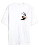 Looney Tunes Bugs Bunny and Daffy Duck Beyaz Oversize Unisex Tişört - Thumbnail