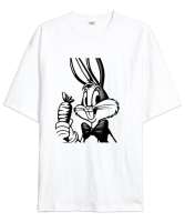 Looney Tunes Bugs Bunny Beyaz Oversize Unisex Tişört - Thumbnail