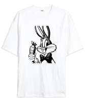 Looney Tunes Bugs Bunny Beyaz Oversize Unisex Tişört - Thumbnail