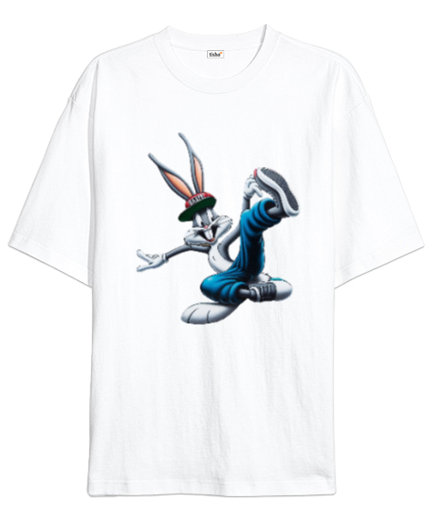 Tisho - Looney Tunes Rapçı Bugs Bunny Beyaz Oversize Unisex Tişört