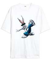 Looney Tunes Rapçı Bugs Bunny Beyaz Oversize Unisex Tişört - Thumbnail