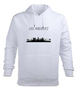 Los Angeles Baskılı Beyaz Erkek Kapüşonlu Hoodie Sweatshirt