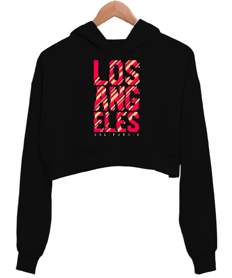 Los Angeles California Baskılı Siyah Kadın Crop Hoodie Kapüşonlu Sweatshirt