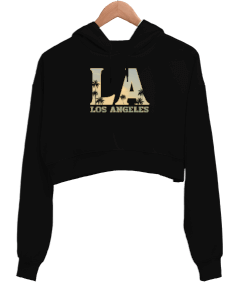 Los Angeles California Baskılı Siyah Kadın Crop Hoodie Kapüşonlu Sweatshirt