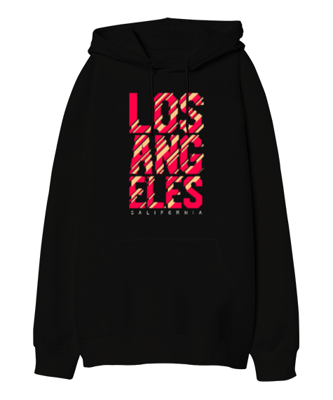 Los Angeles California Baskılı Siyah Oversize Unisex Kapüşonlu Sweatshirt