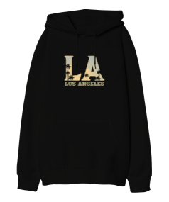 Los Angeles California Baskılı Siyah Oversize Unisex Kapüşonlu Sweatshirt