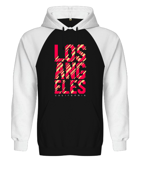 Los Angeles California Baskılı Siyah/Beyaz Orjinal Reglan Hoodie Unisex Sweatshirt