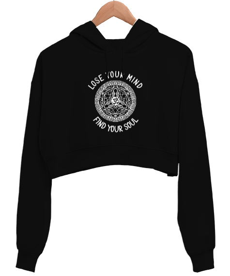 Lose Your Mind Find Your Sould Yoga Baskılı Siyah Kadın Crop Hoodie Kapüşonlu Sweatshirt