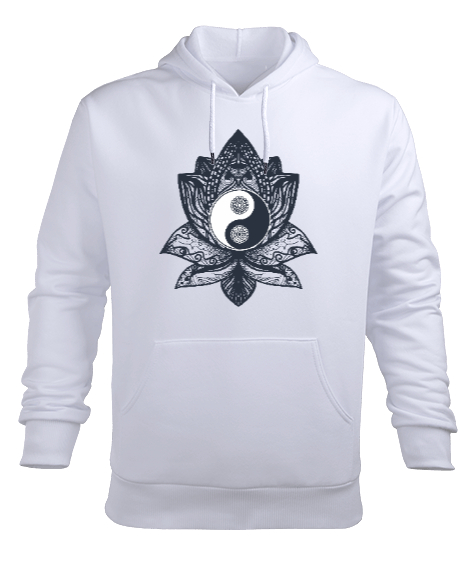 Lotus Yin Yang Yoga Baskılı Beyaz Erkek Kapüşonlu Hoodie Sweatshirt