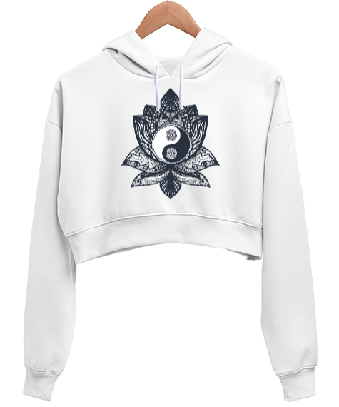 Lotus Yin Yang Yoga Baskılı Beyaz Kadın Crop Hoodie Kapüşonlu Sweatshirt