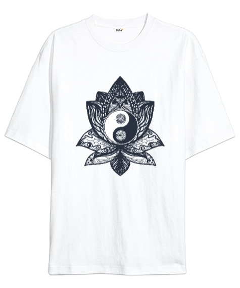 Lotus Yin Yang Yoga Baskılı Beyaz Oversize Unisex Tişört