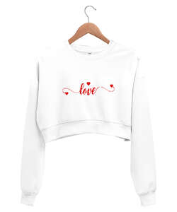 Love Baskılı Beyaz Kadın Crop Sweatshirt