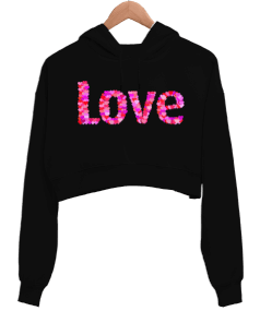 Love Baskılı Kadın Crop Hoodie Kapüşonlu Sweatshirt