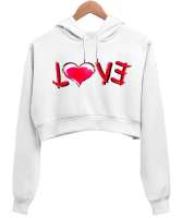 LOVE Beyaz Kadın Crop Hoodie Kapüşonlu Sweatshirt - Thumbnail