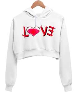 LOVE Beyaz Kadın Crop Hoodie Kapüşonlu Sweatshirt