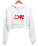 LOVE Beyaz Kadın Crop Hoodie Kapüşonlu Sweatshirt