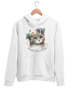 Love Cats Beyaz Unisex Kapşonlu Sweatshirt