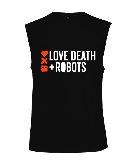 Tisho - Love Death Robots Baskılı Siyah Kesik Kol Unisex Tişört