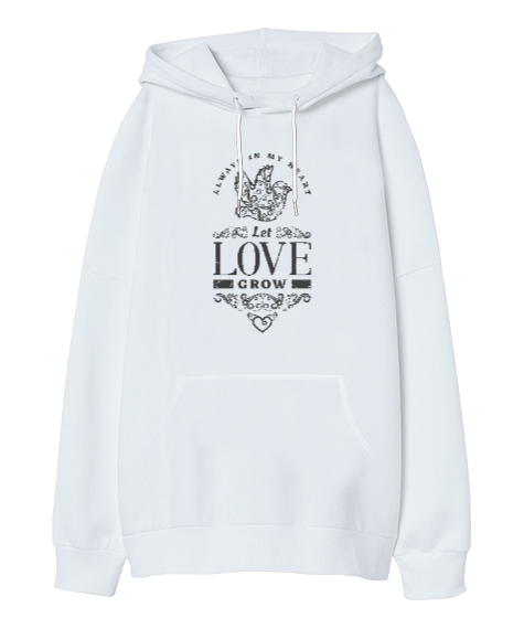 Love Grow Beyaz Oversize Unisex Kapüşonlu Sweatshirt