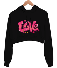 love Kadın Crop Hoodie Kapüşonlu Sweatshirt