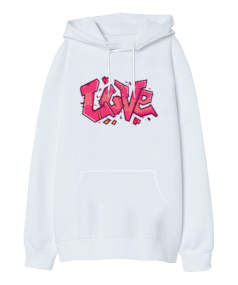 Love Kalp Oversize Unisex Kapüşonlu Sweatshirt