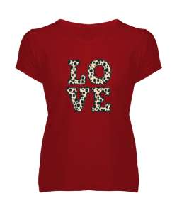 LOVE Kırmızı Kadın V Yaka Tişört