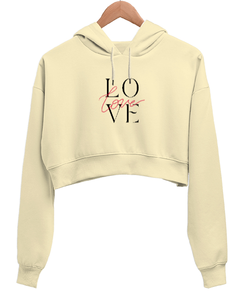 Love Krem Kadın Crop Hoodie Kapüşonlu Sweatshirt