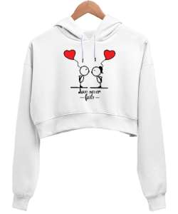 LOVE NEVER FAİLS Beyaz Kadın Crop Hoodie Kapüşonlu Sweatshirt