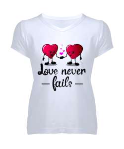 LOVE NEVER FAİLS Beyaz Kadın V Yaka Tişört