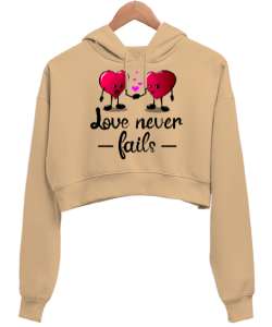 LOVE NEVER FAİLS Camel Kadın Crop Hoodie Kapüşonlu Sweatshirt