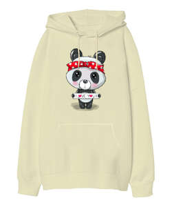 Love Panda Krem Oversize Unisex Kapüşonlu Sweatshirt