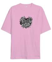 LOVE Resim Yazılı Pembe Oversize Unisex Tişört - Thumbnail