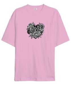 LOVE Resim Yazılı Pembe Oversize Unisex Tişört