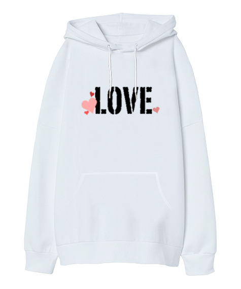 Love - Sevgi Beyaz Oversize Unisex Kapüşonlu Sweatshirt