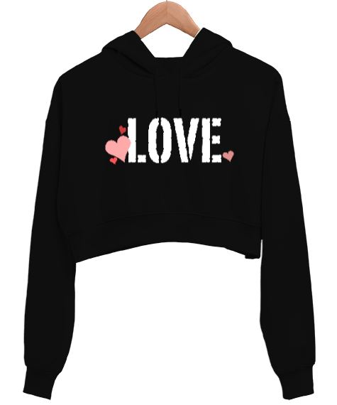 Love - Sevgi Siyah Kadın Crop Hoodie Kapüşonlu Sweatshirt