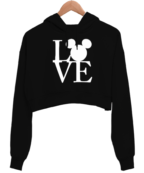 Love Sevgililer Günü 14 Şubat Tasarım Baskılı Siyah Kadın Crop Hoodie Kapüşonlu Sweatshirt